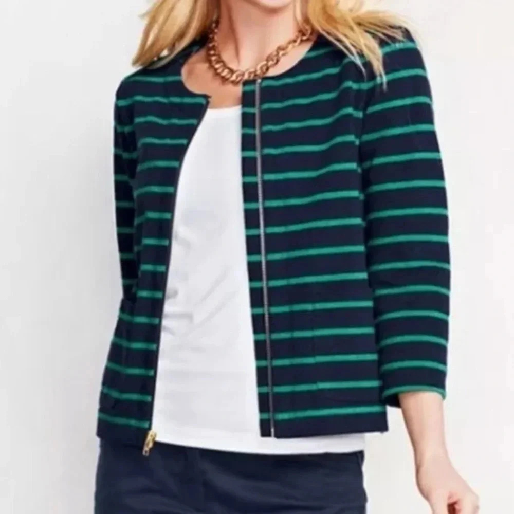 Lands’ End Jersey Jacket Navy & Green Stripe Women’s Size 4 Small NWT